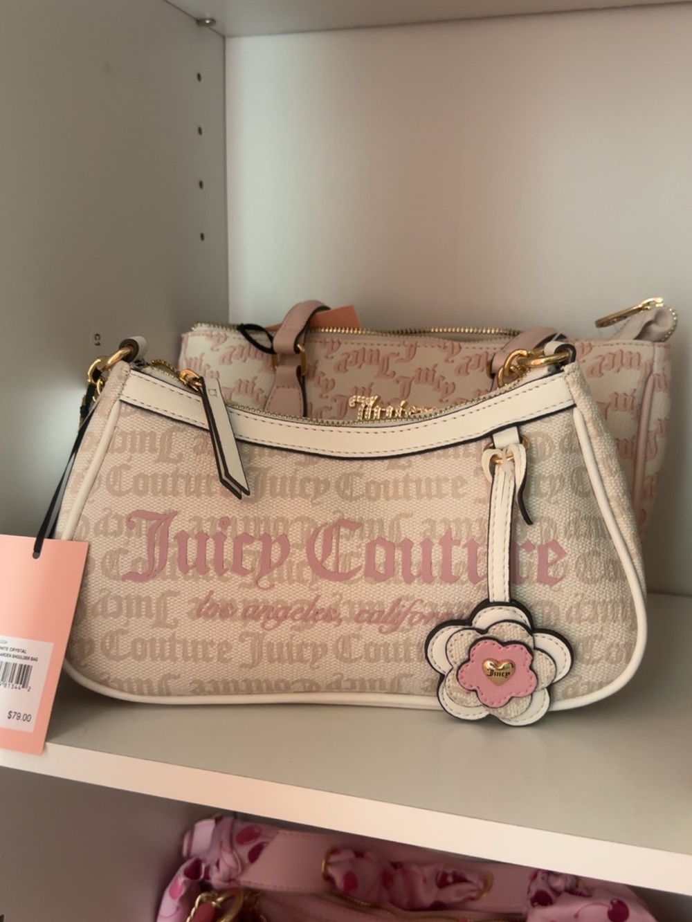 Juicy Couture Cream and Pink Logo Mini Shoulder Bag with Floral Charm